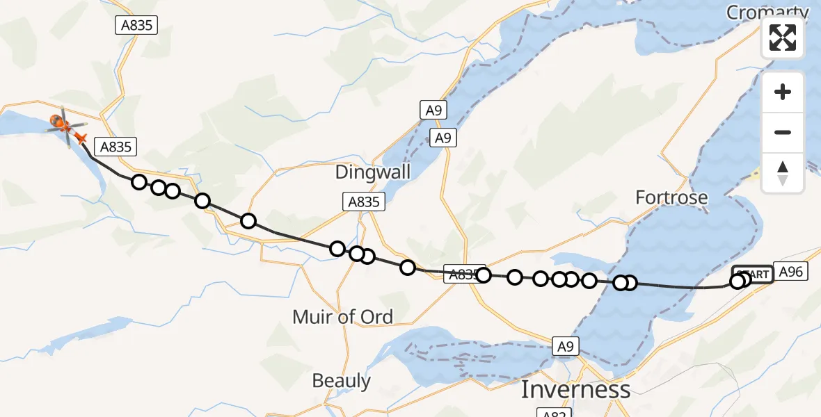 Flight path map showing Coastguard Helicopter route from Inverness Airport to Garve