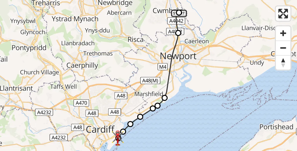 Flight path map showing Air Ambulance Helicopter route from Grange University Hospital Heliport to Cardiff Heliport