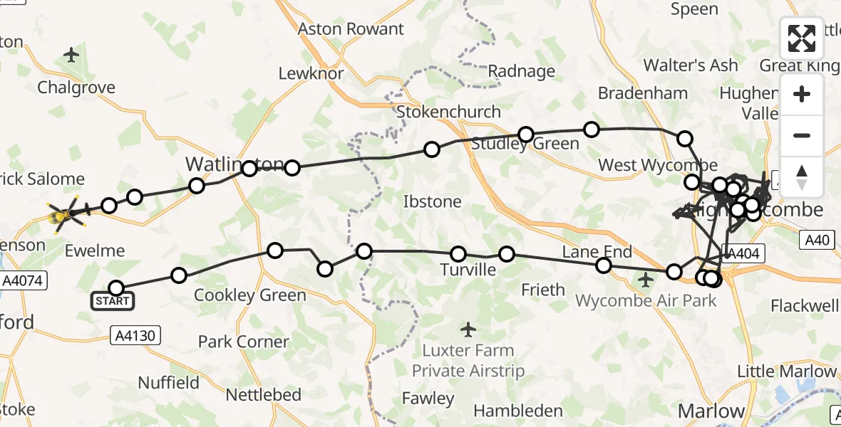 Flight path map showing Police Helicopter route from Benson to Ewelme