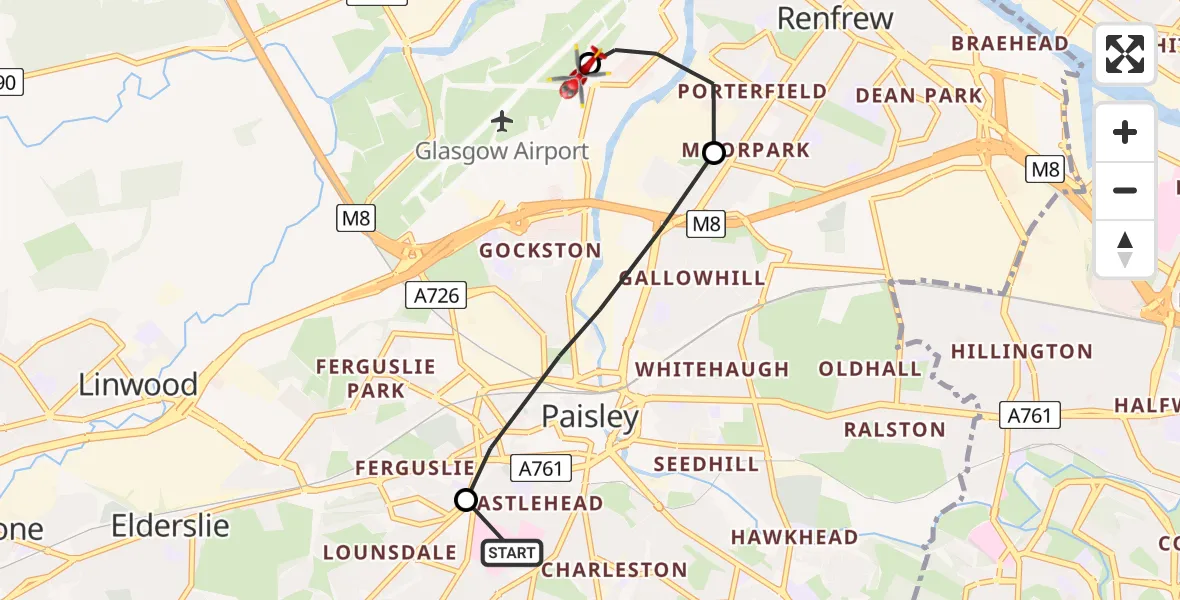 Flight path map showing Air Ambulance Helicopter route from Royal Alexandria Hospital Paisley to Glasgow Airport