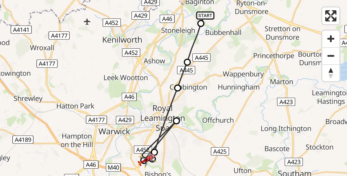 Flight path map showing Air Ambulance Helicopter route from Coventry Airport to Bishop's Tachbrook