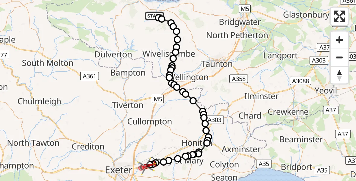Routekaart van de vlucht: Air Ambulance Helicopter to Exeter International Airport