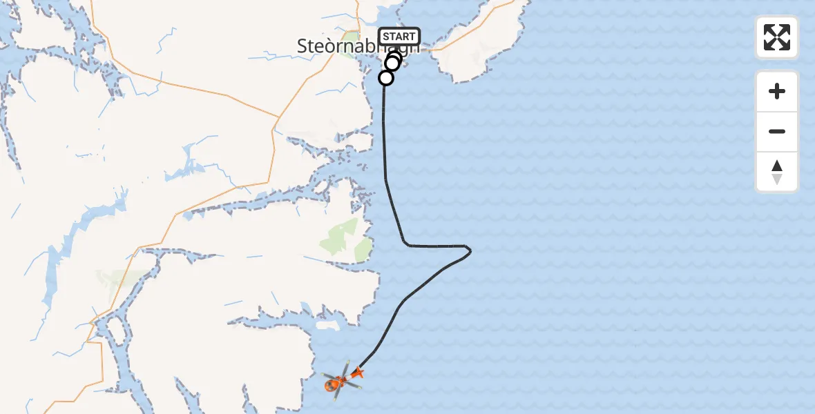 Flight path map showing Coastguard Helicopter route from Stornoway Airport to Inner Seas