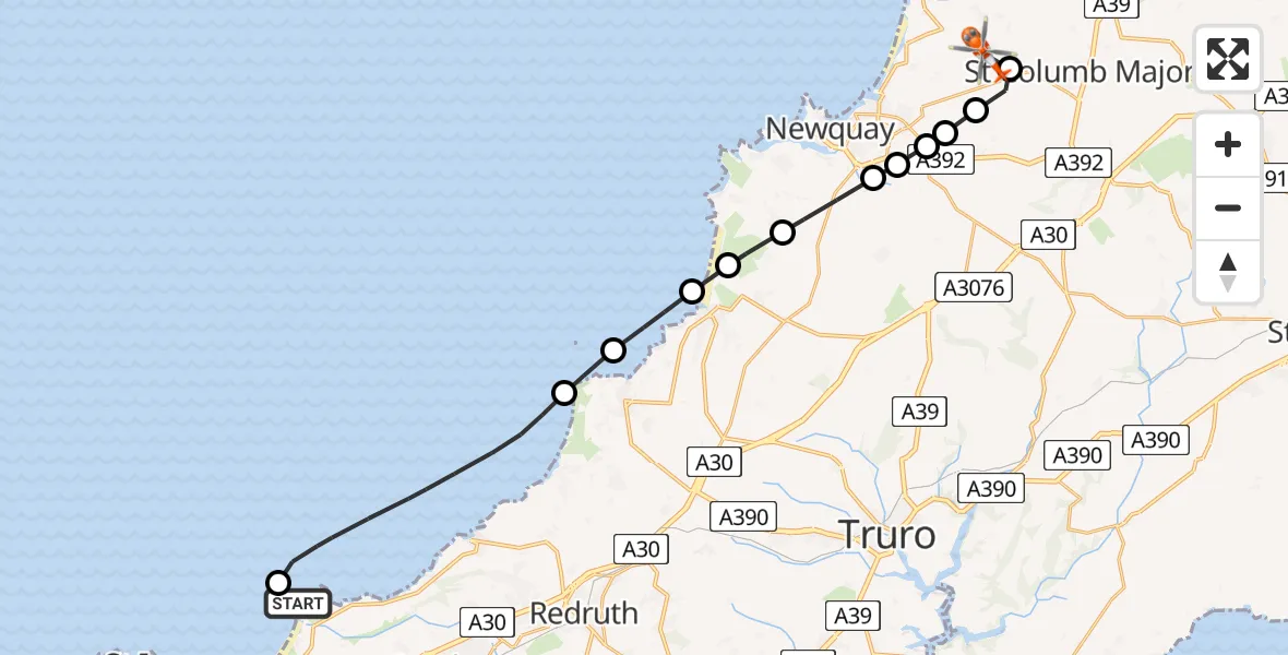 Flight path map showing Coastguard Helicopter route from Camborne to Cornwall Airport Newquay