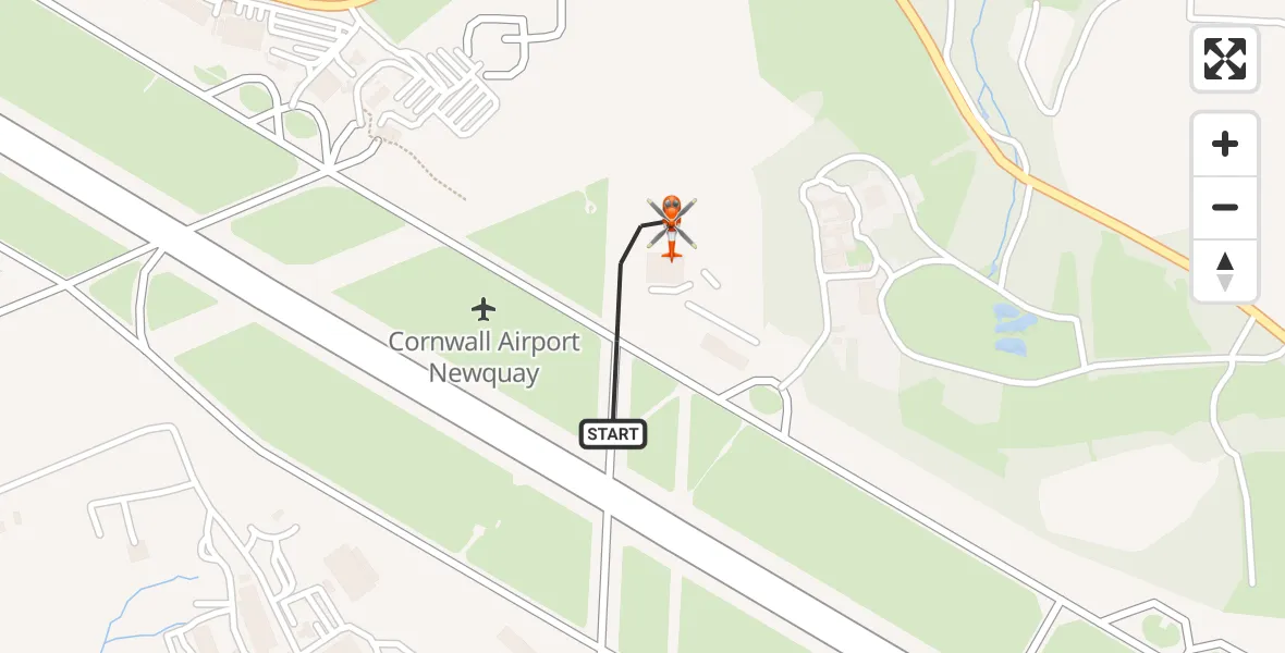 Flight path map showing Coastguard Helicopter route from Cornwall Airport Newquay to Cornwall Airport Newquay