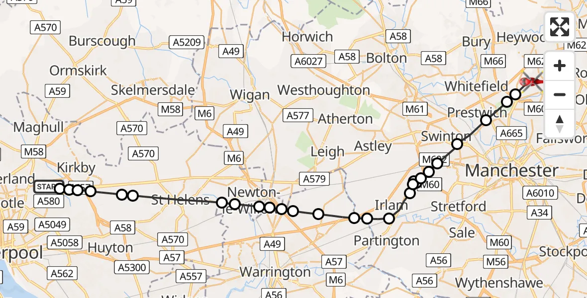 Flight path map showing Air Ambulance Helicopter route from Aintree University Hospital Heliport to Middleton