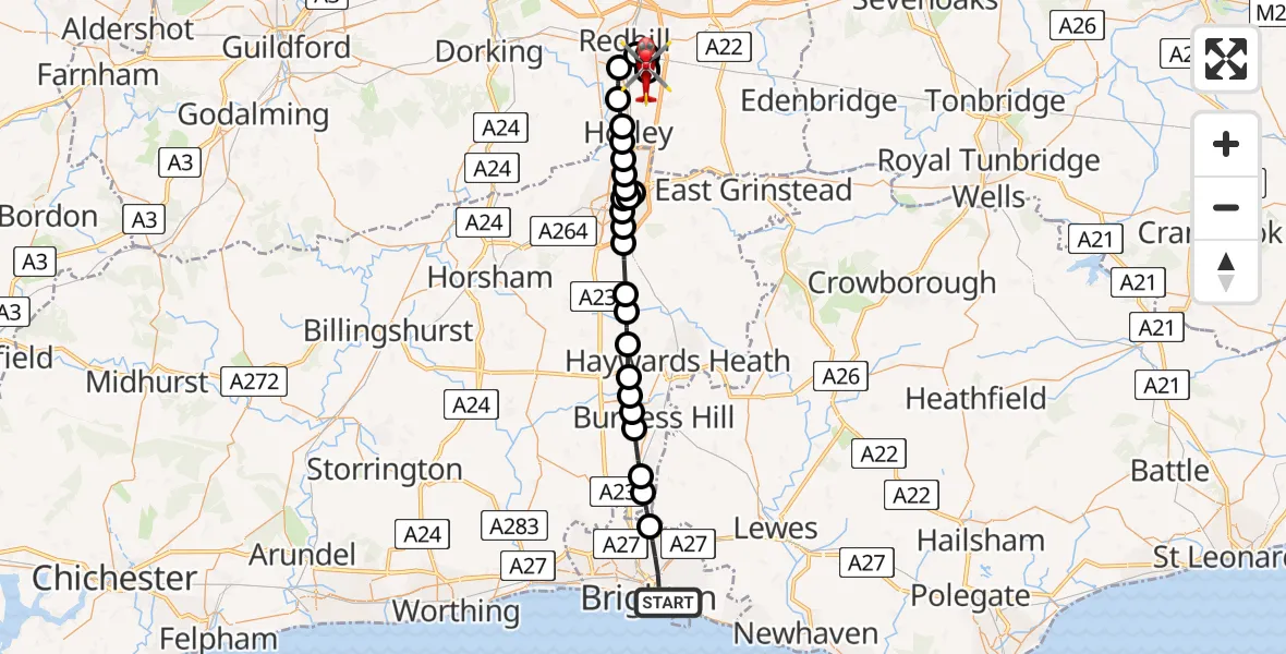 Flight path map showing Air Ambulance Helicopter route from Brighton to Redhill Aerodrome