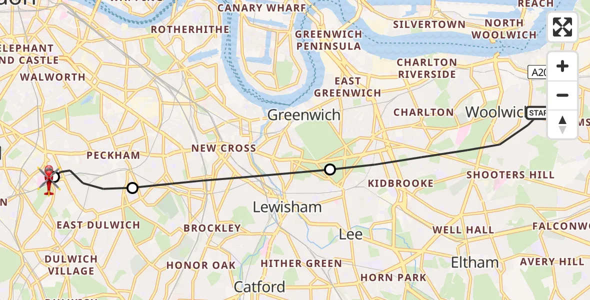 Flight path map showing Air Ambulance Helicopter route from Royal Borough of Greenwich to Kings College London Hospital