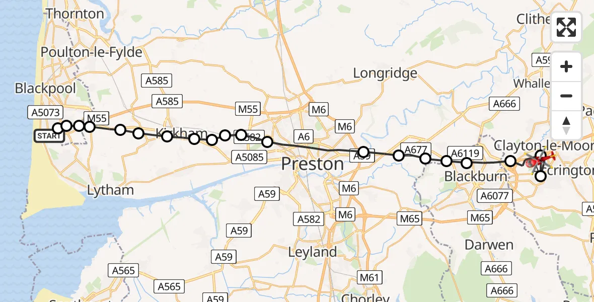 Flight path map showing Air Ambulance Helicopter route from Blackpool Airport to Church