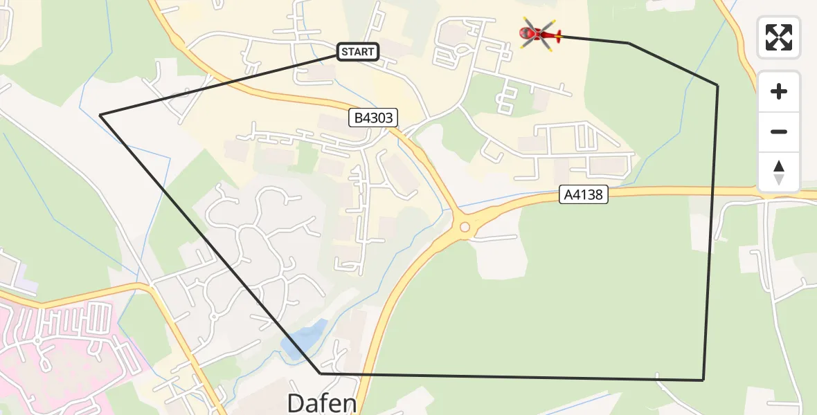 Flight path map showing Air Ambulance Helicopter route from Dafen to Dafen