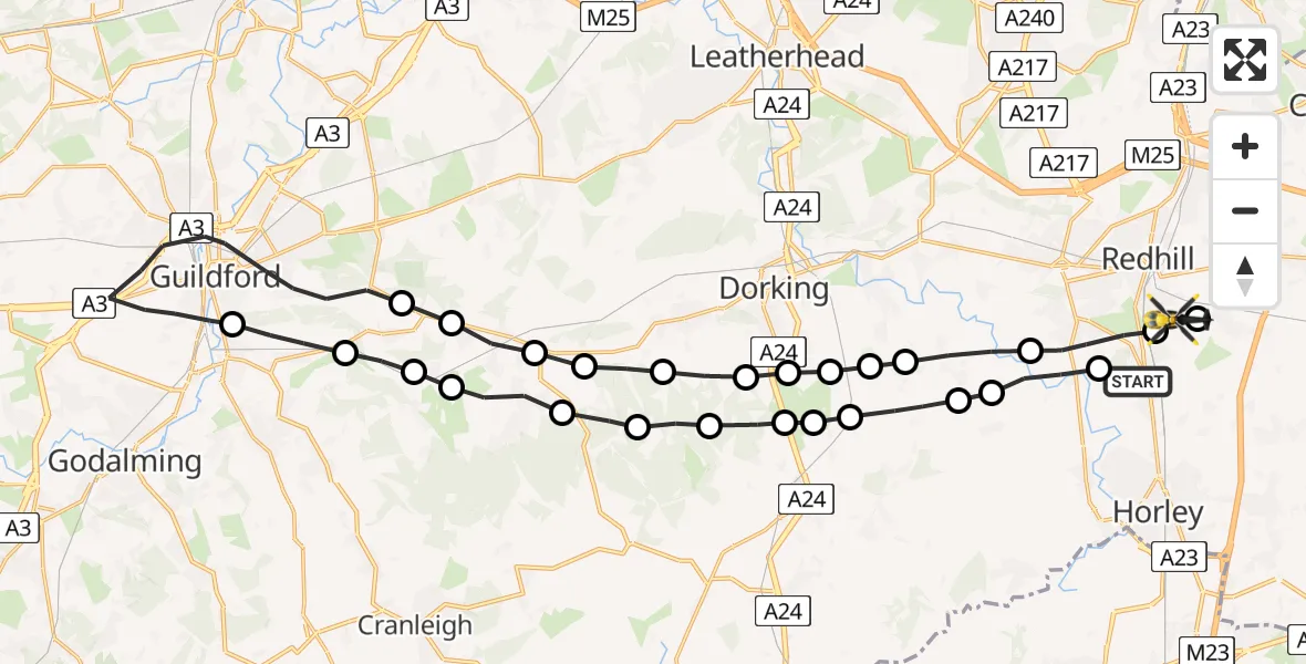Flight path map showing Police Helicopter route from Salfords to Redhill