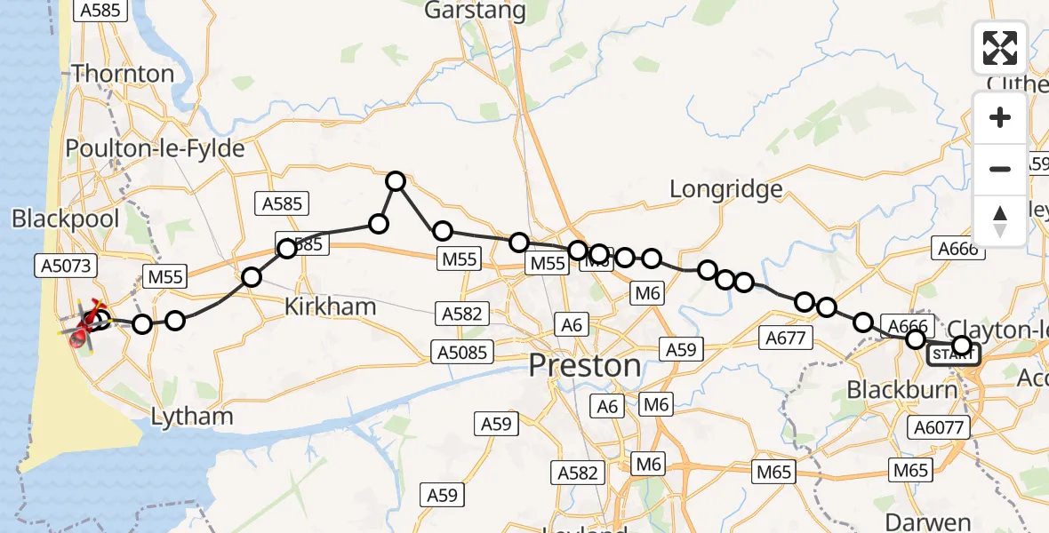 Flight path map showing Air Ambulance Helicopter route from Blackburn to Blackpool Airport
