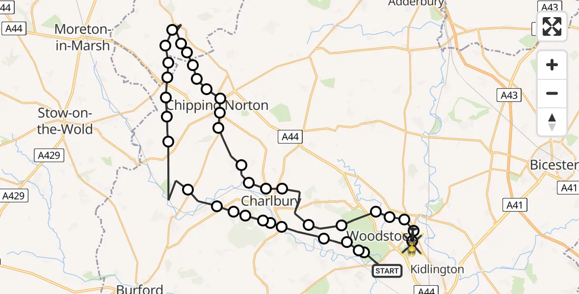 Flight path map showing Police Helicopter route from Bladon to London Oxford Airport