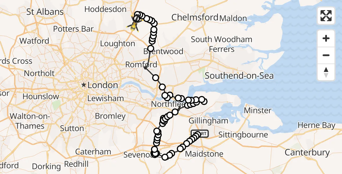 Flight path map showing Police Helicopter route from Rochester Airport to North Weald Airfield