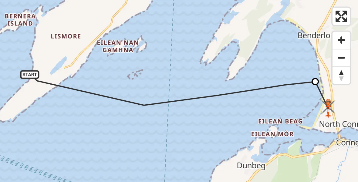 Flight path map showing Coastguard Helicopter route from Inner Seas to Oban Airport