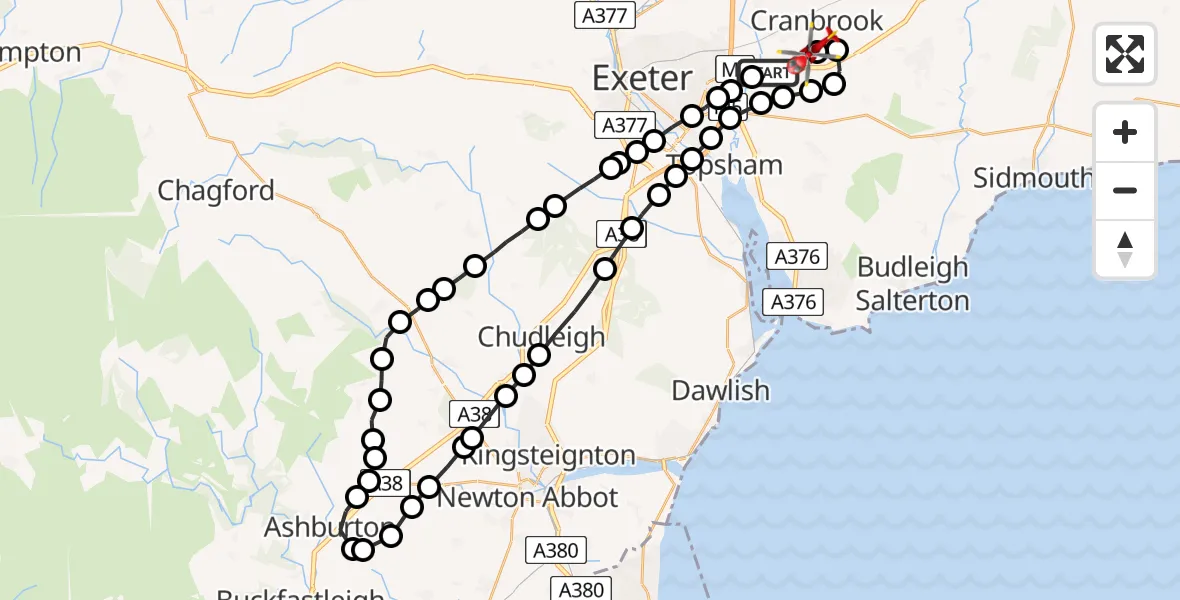 Flight path map showing Air Ambulance Helicopter route from Exeter International Airport to Rockbeare