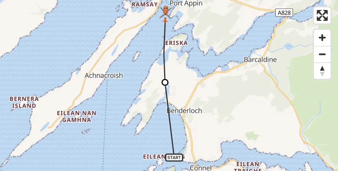 Flight path map showing Coastguard Helicopter route from North Connel to Inner Seas