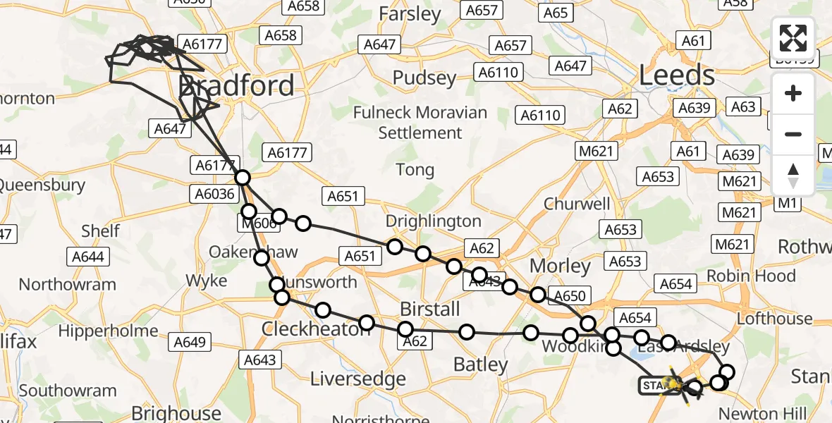 Flight path map showing Police Helicopter route from East Ardsley to East Ardsley