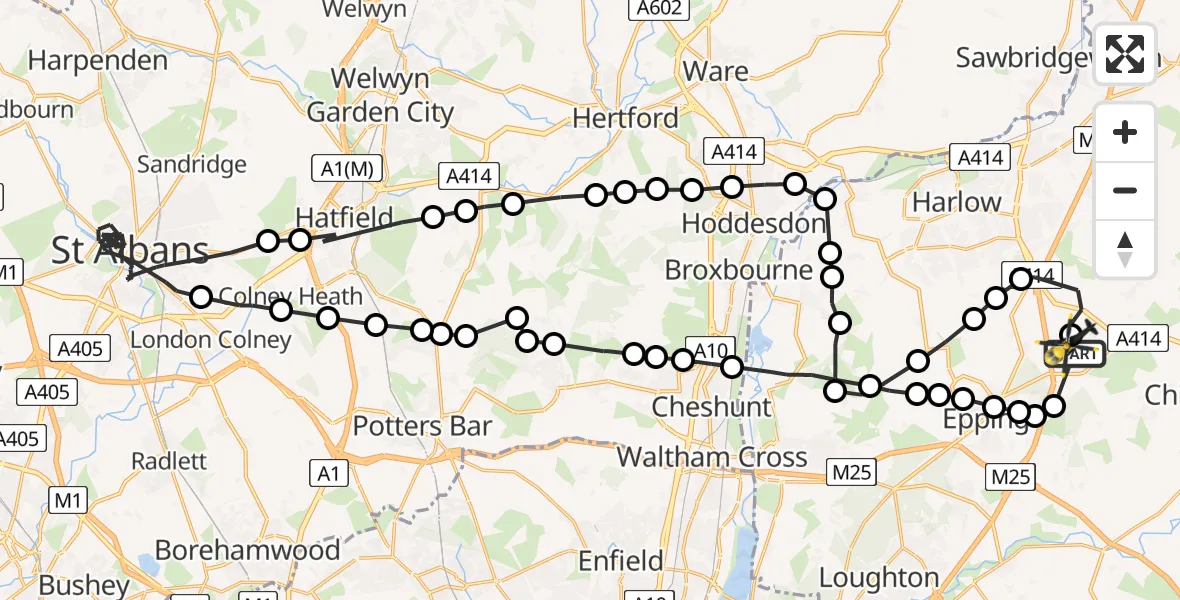 Flight path map showing Police Helicopter route from North Weald Airfield to North Weald Airfield