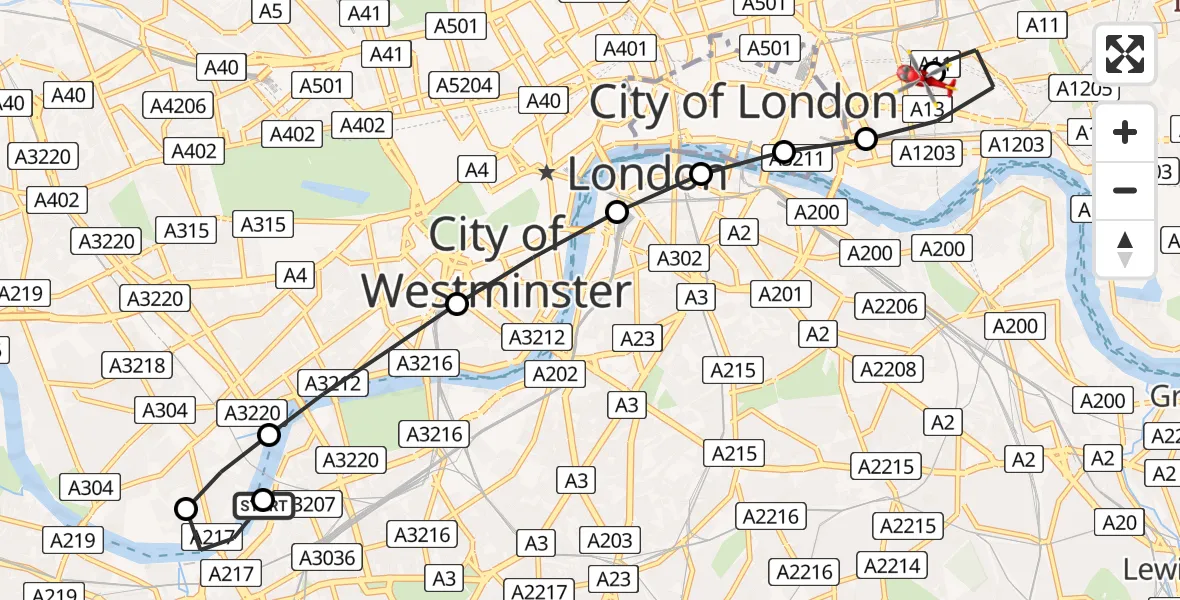 Flight path map showing Air Ambulance Helicopter route from London Heliport to Royal London Hospital