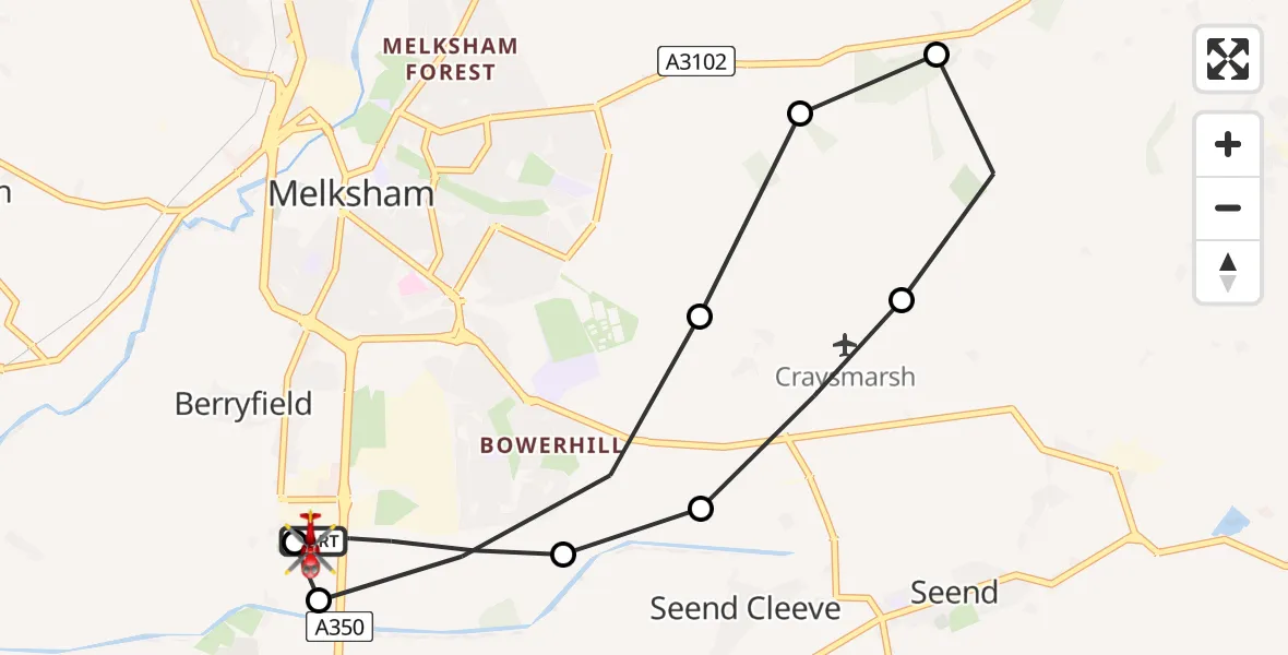 Flight path map showing Air Ambulance Helicopter route from Wiltshire Air Ambulance to Wiltshire Air Ambulance