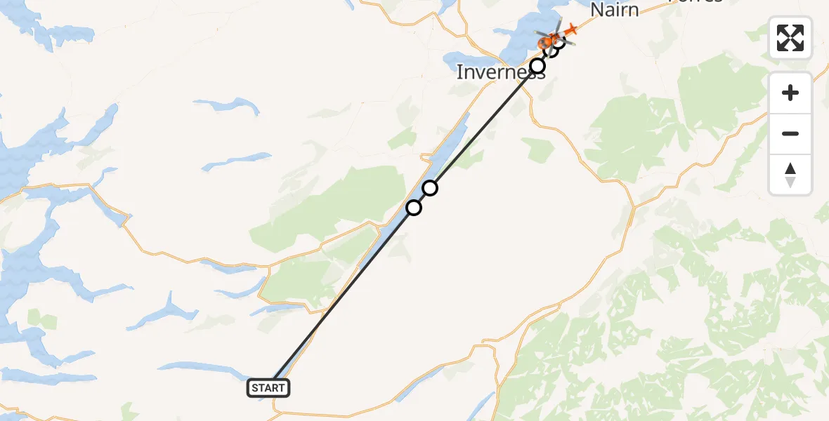 Flight path map showing Coastguard Helicopter route from Loch Lochy to Inverness Airport