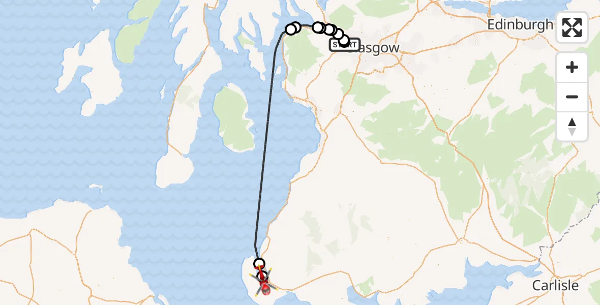 Flight path map showing Air Ambulance Helicopter route from Glasgow Airport to Stranraer