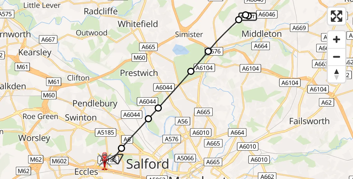 Flight path map showing Air Ambulance Helicopter route from Middleton to Eccles