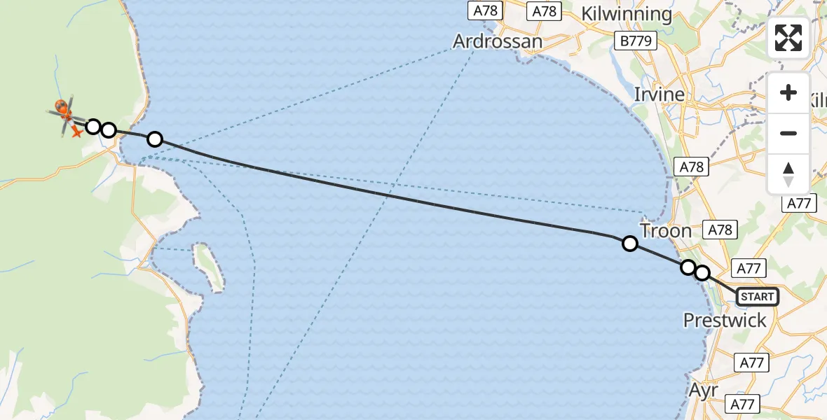 Flight path map showing Coastguard Helicopter route from Glasgow Prestwick Airport to Brodick