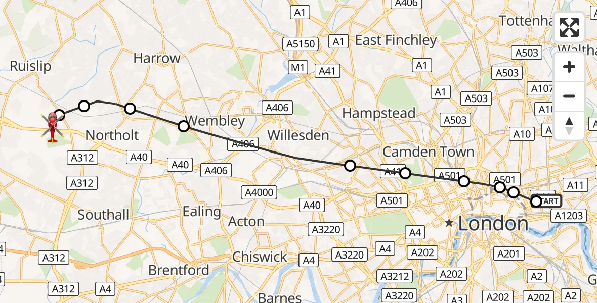 Flight path map showing Air Ambulance Helicopter route from Royal London Hospital to RAF Northolt