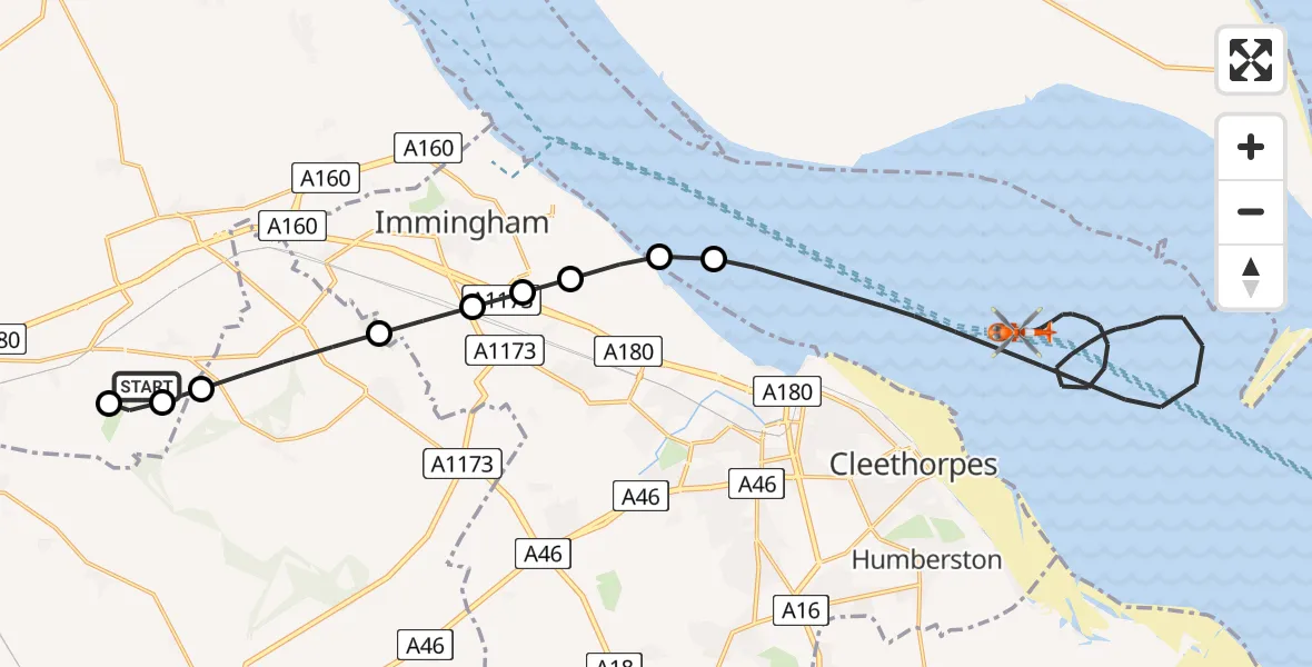 Flight path map showing Coastguard Helicopter route from Humberside Airport to North Sea