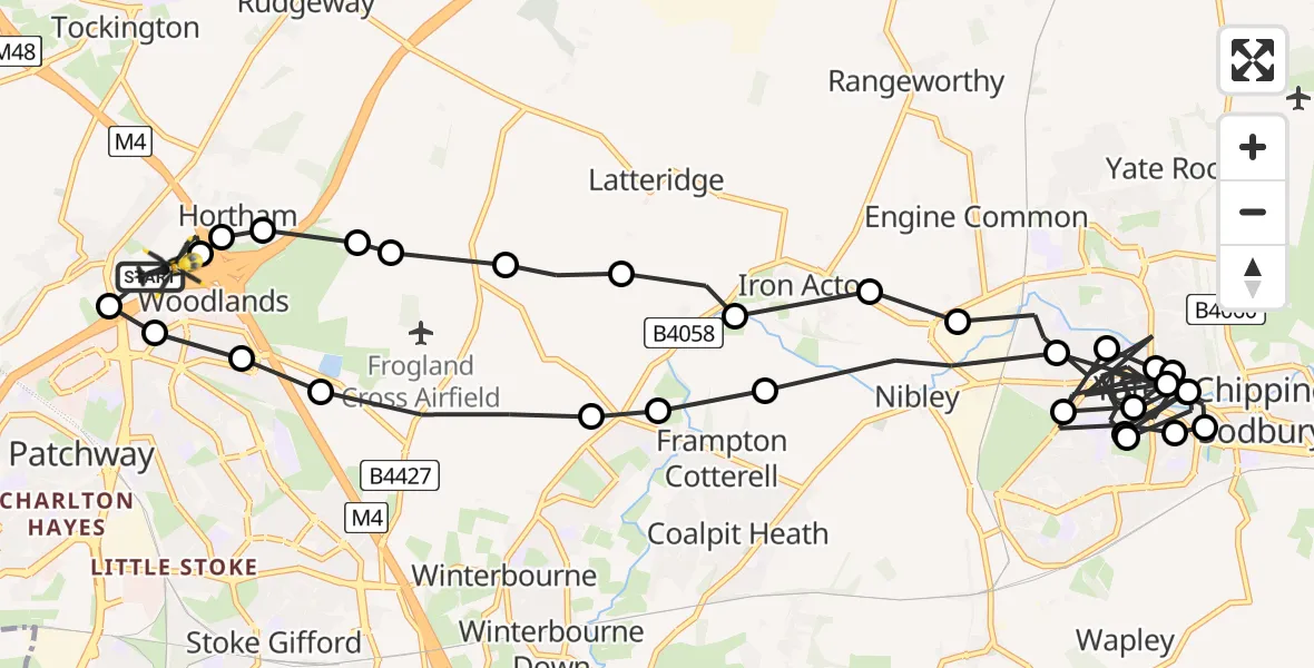 Flight path map showing Police Helicopter route from Almondsbury Helicopter Base to Almondsbury Helicopter Base