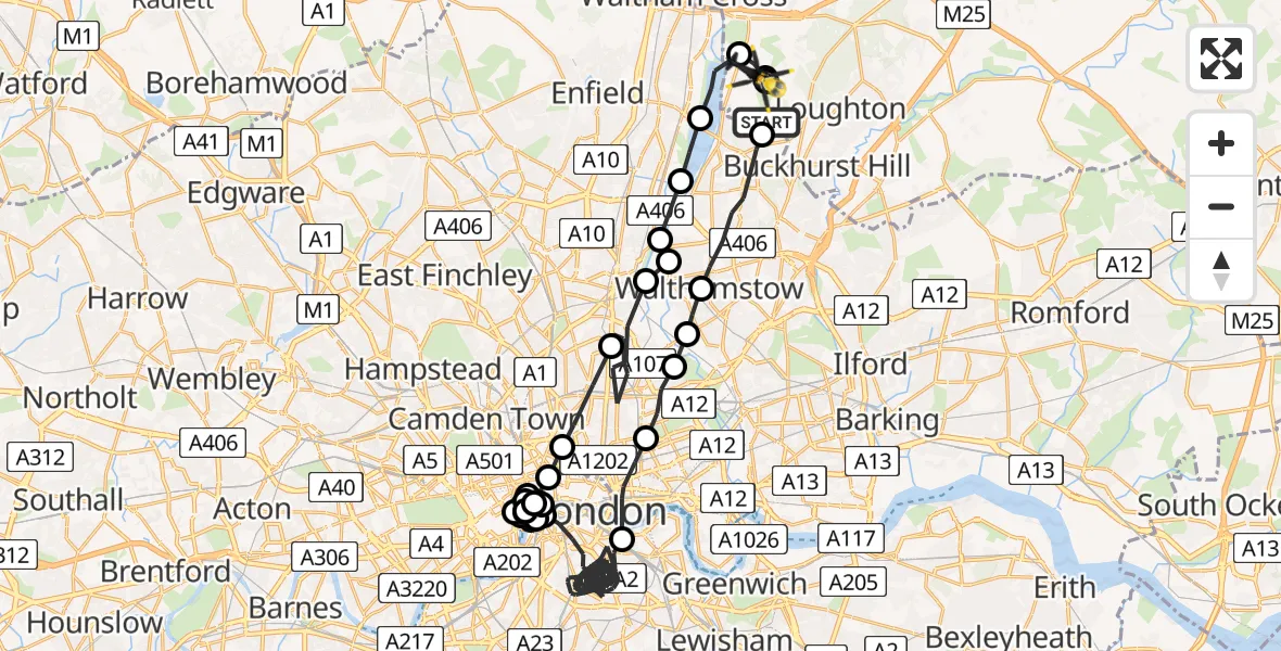 Routekaart van de vlucht: Police Helicopter to Sewardstonebury, Green Lane
