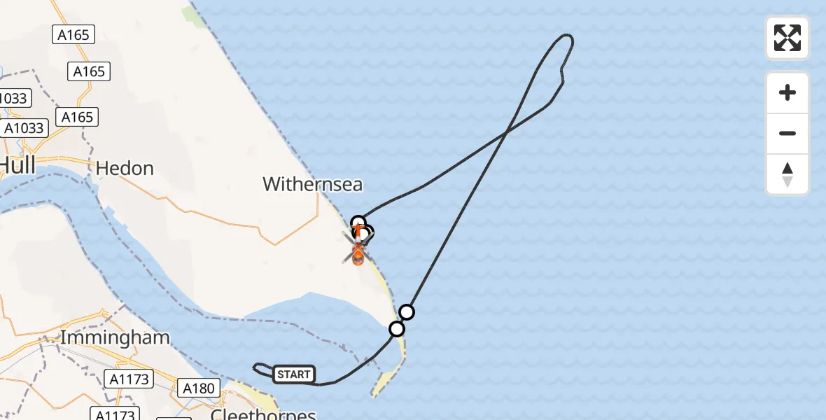 Flight path map showing Coastguard Helicopter route from North Sea to Easington