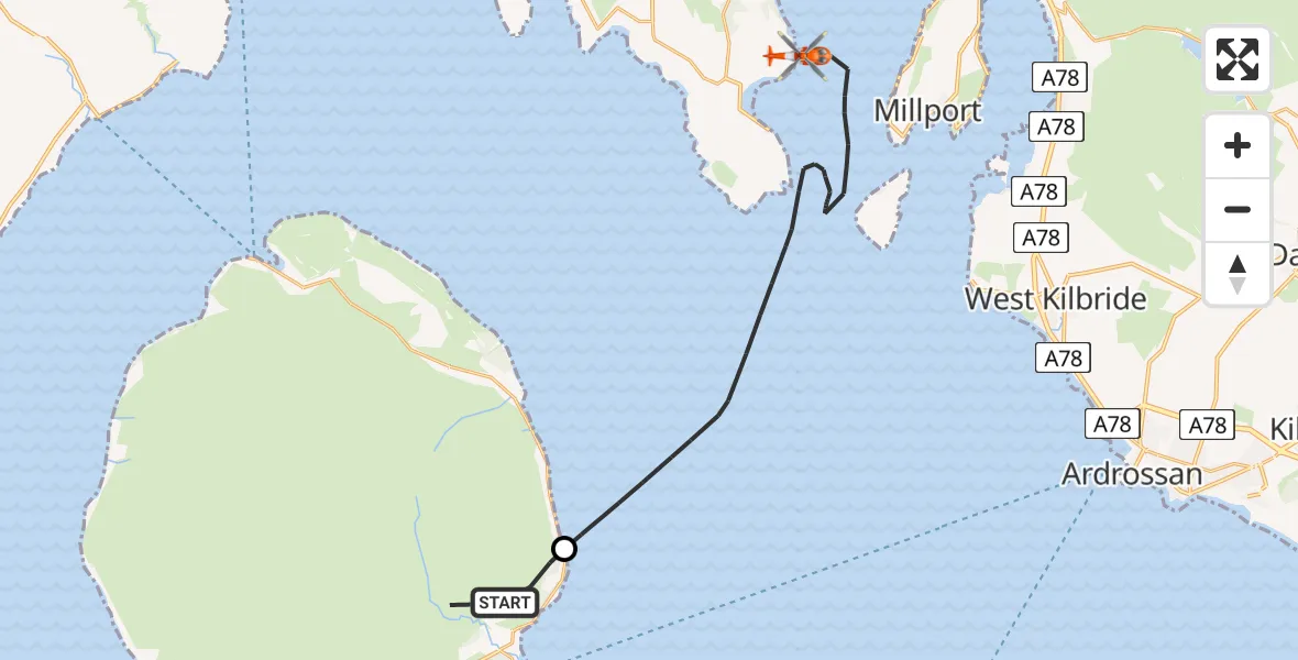 Flight path map showing Coastguard Helicopter route from Cladach to Inner Seas