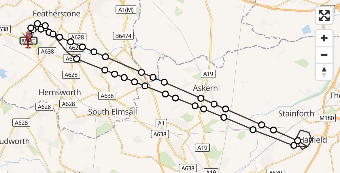 Flight path map showing Air Ambulance Helicopter route from YAA Nostell Helicopter Port to YAA Nostell Helicopter Port