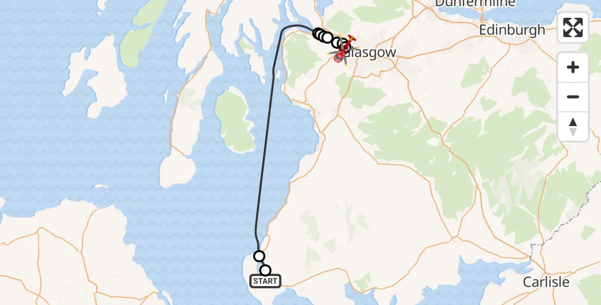 Flight path map showing Air Ambulance Helicopter route from Stranraer to Glasgow Airport