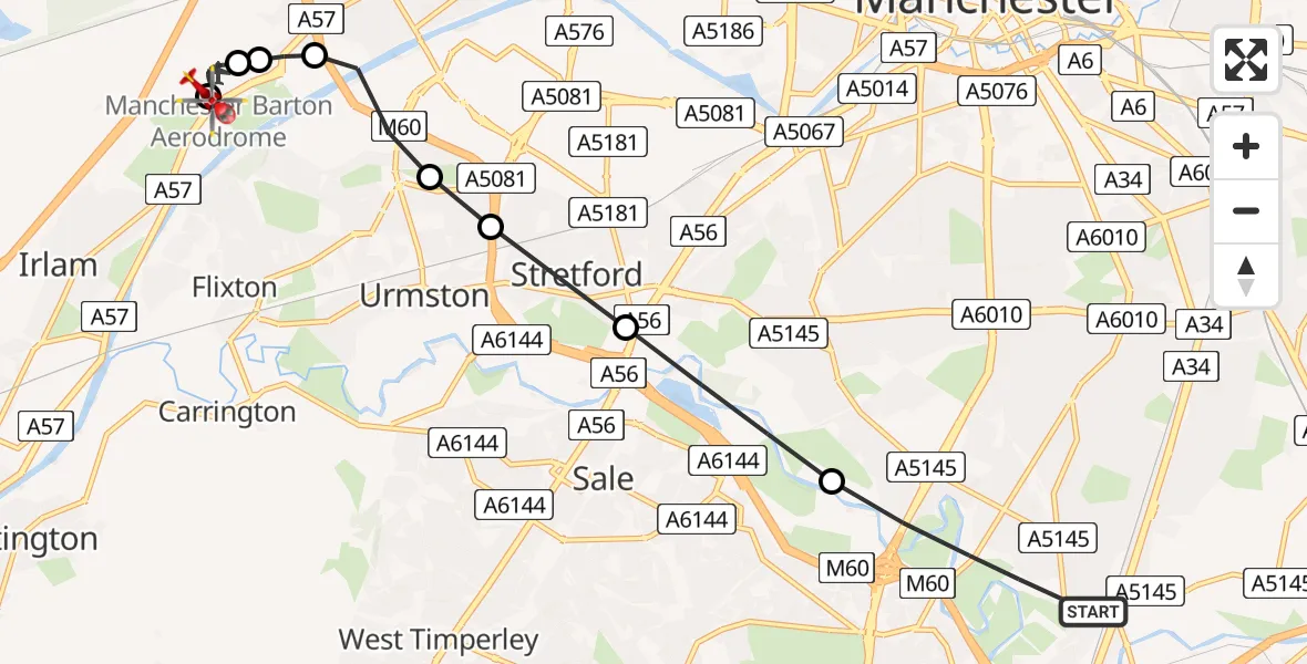 Flight path map showing Air Ambulance Helicopter route from Manchester to Irlam