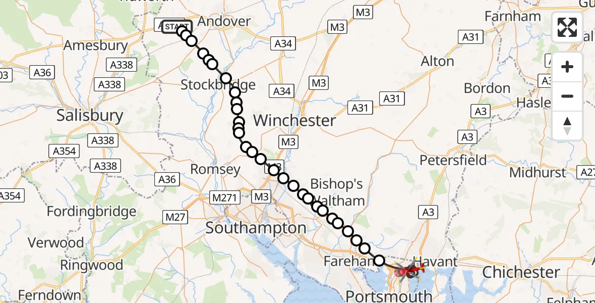 Flight path map showing Air Ambulance Helicopter route from Thruxton to Portsmouth
