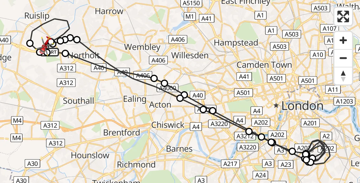 Flight path map showing Air Ambulance Helicopter route from RAF Northolt to RAF Northolt