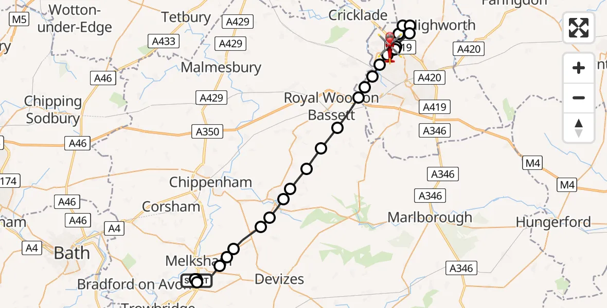 Flight path map showing Air Ambulance Helicopter route from Wiltshire Air Ambulance to Blunsdon St Andrew
