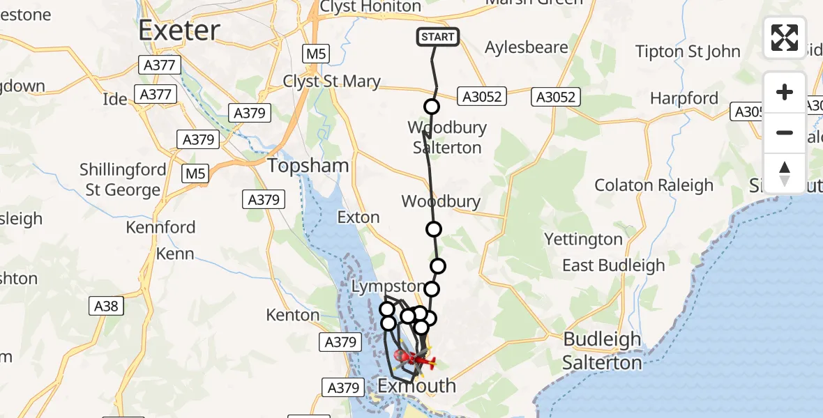 Flight path map showing Air Ambulance Helicopter route from East Devon to Exmouth
