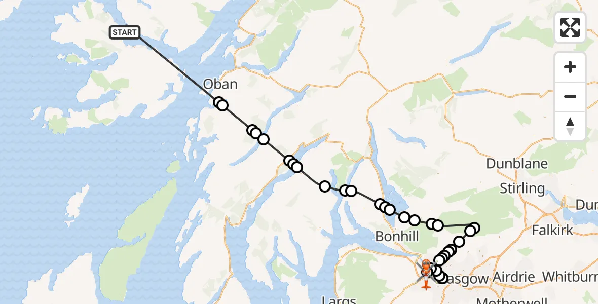 Flight path map showing Coastguard Helicopter route from Inner Seas to Glasgow Airport