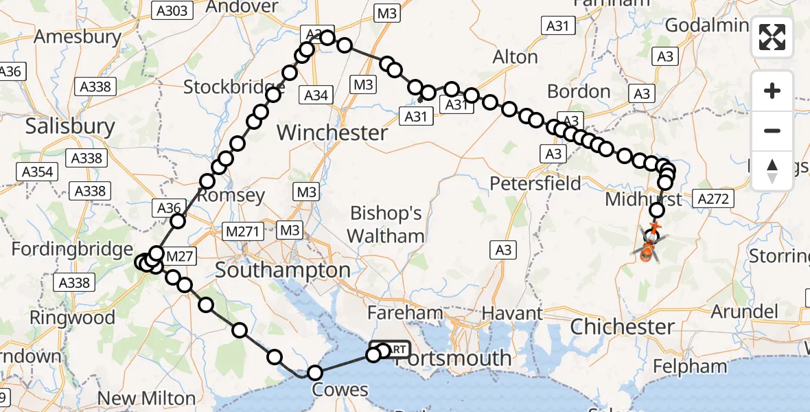 Flight path map showing Coastguard Helicopter route from Solent Airport to Chichester