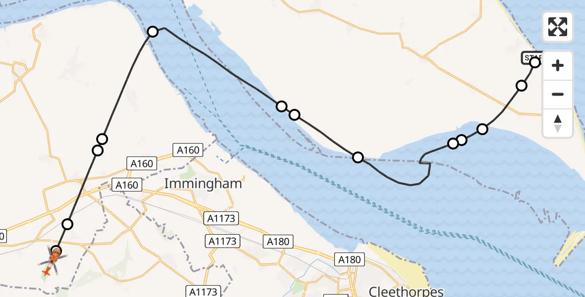 Flight path map showing Coastguard Helicopter route from Easington to Humberside Airport