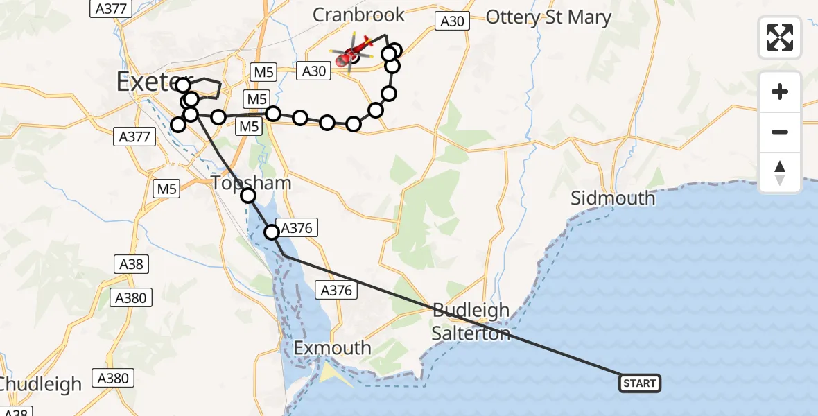 Flight path map showing Air Ambulance Helicopter route from English Channel to Exeter International Airport