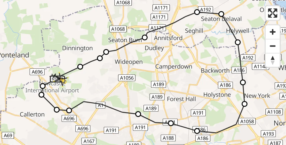 Flight path map showing Police Helicopter route from Newcastle International Airport to Newcastle International Airport