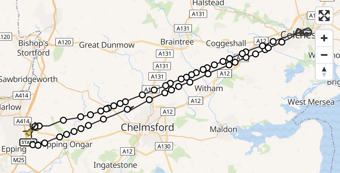 Flight path map showing Police Helicopter route from North Weald Airfield to North Weald Bassett