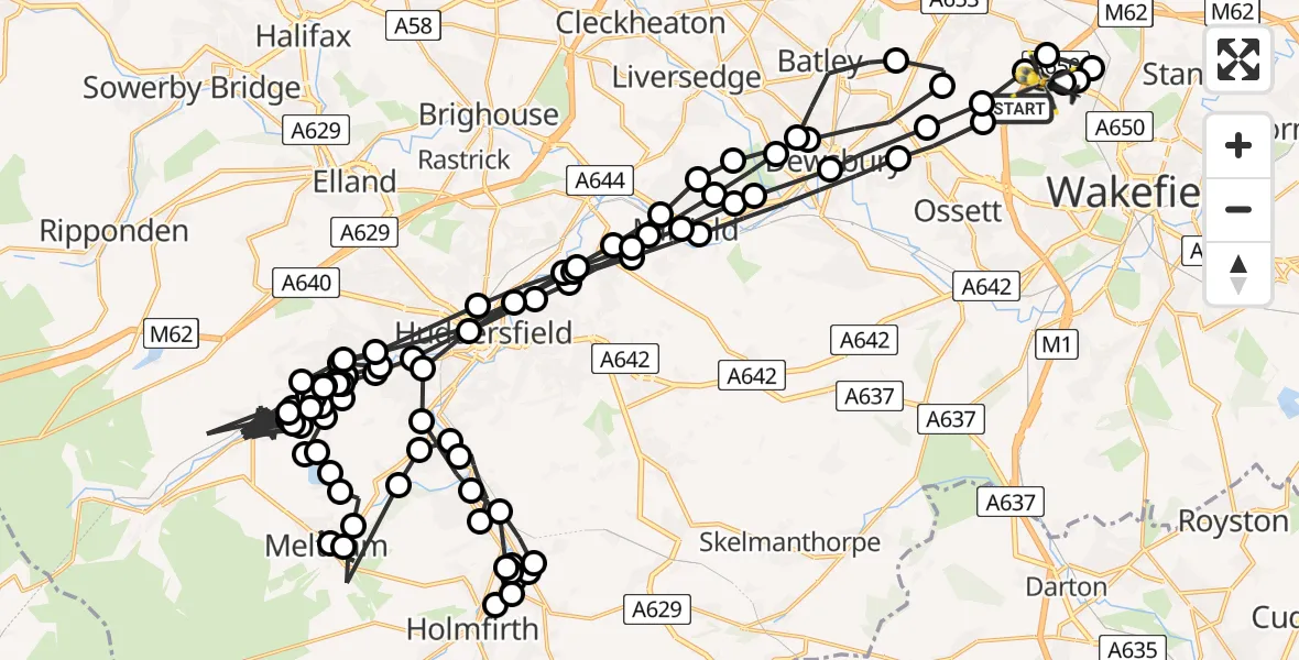 Flight path map showing Police Helicopter route from Ossett to East Ardsley