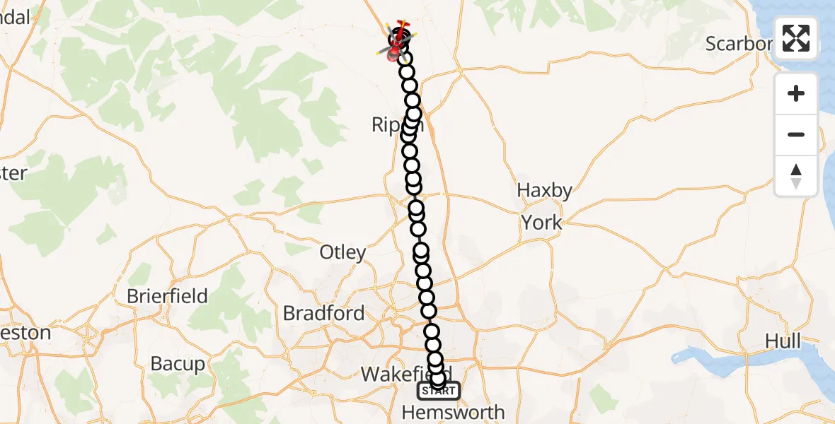 Flight path map showing Air Ambulance Helicopter route from YAA Nostell Helicopter Port to RAF Leeming